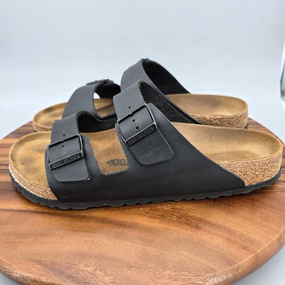Birkenstock Arizona Sandals Mens 11 Black Birko Flor Double Strap Buckle Comfort - Picture 3 of 8